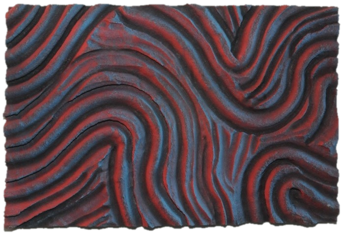 Confluence, sculptural relief where crimson and indigo currents fold into one another, cut out along its carved edges