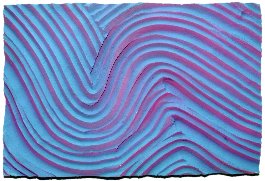 Cotton Candy, sculptural relief swirling pink and blue like spun sugar, cut out along its carved edges