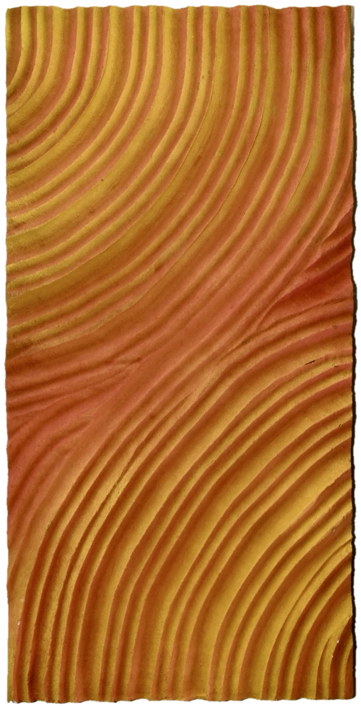 Ember, sculptural relief in orange and red with sweeping flame-like carved waves, cut out along its carved edges