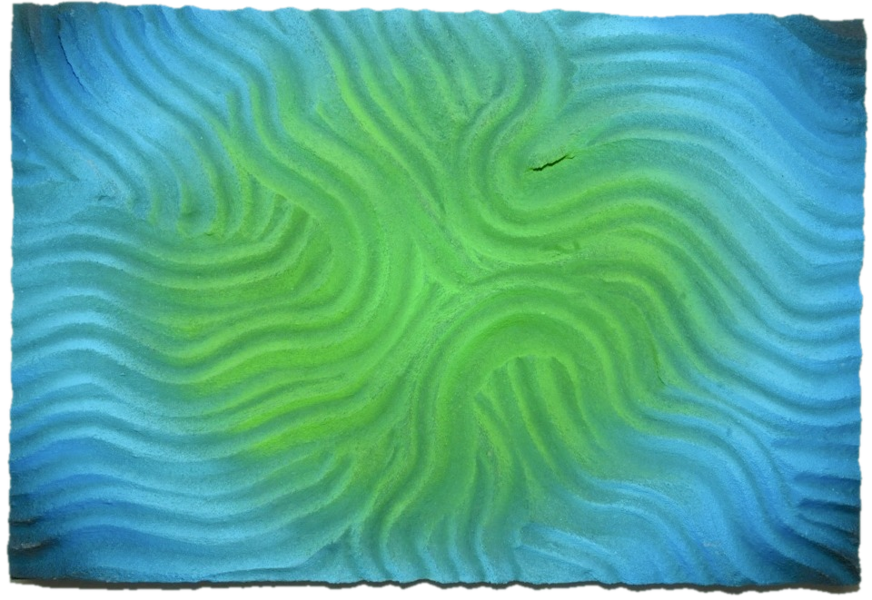 Estuary, sculptural relief with a green center opening outward into marsh and bay tones, cut out along its carved edges