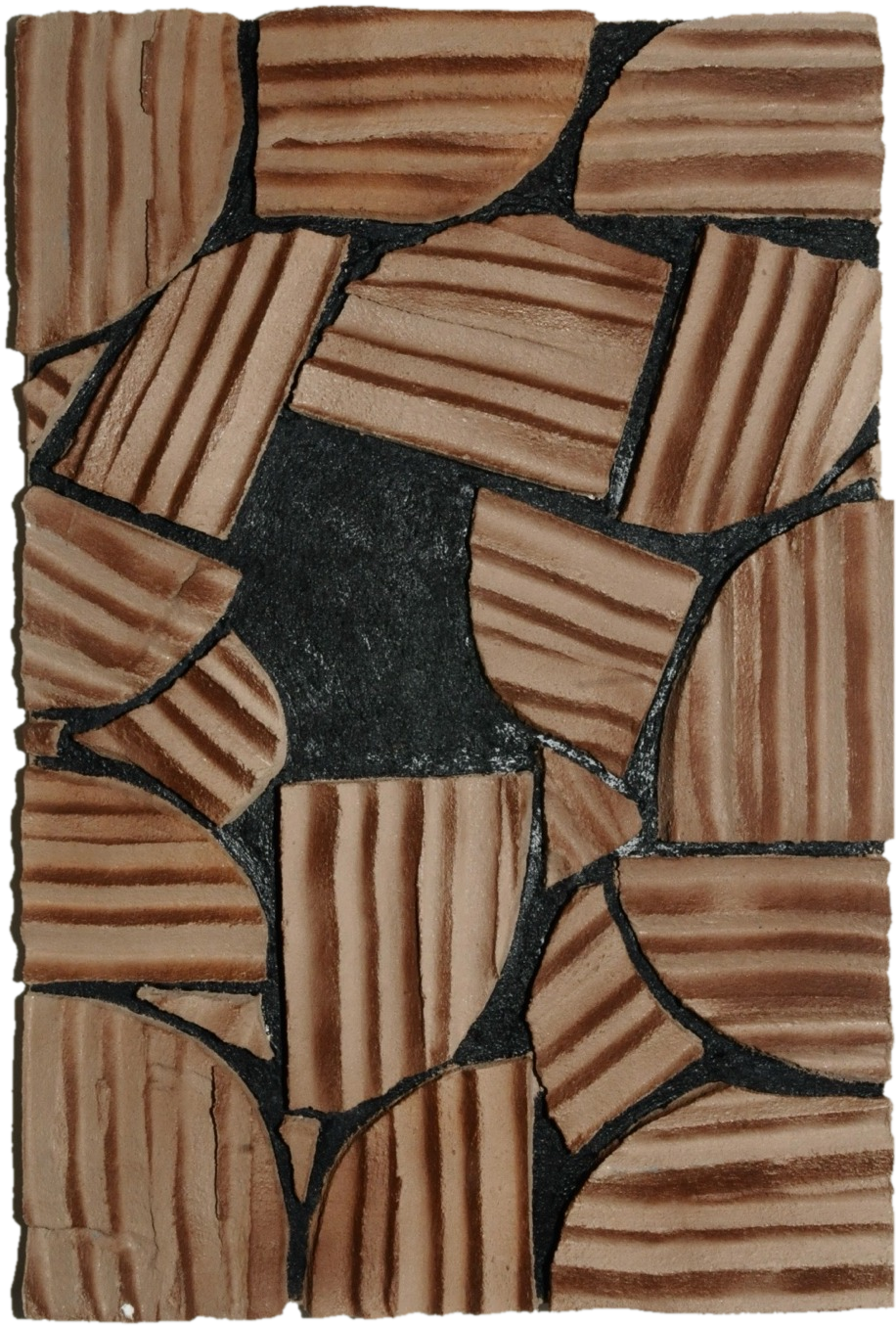 Fault Lines, sculptural relief of terracotta tiles locked together along black seams, cut out along its carved edges