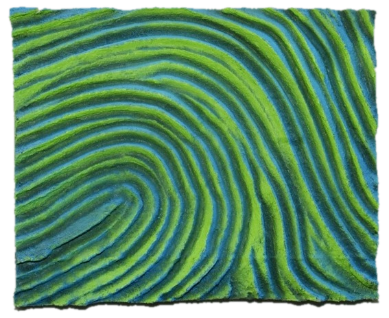 Fingerprint, sculptural relief carved in a whorl pattern like a fingerprint curling into a wave, cut out along its carved edges