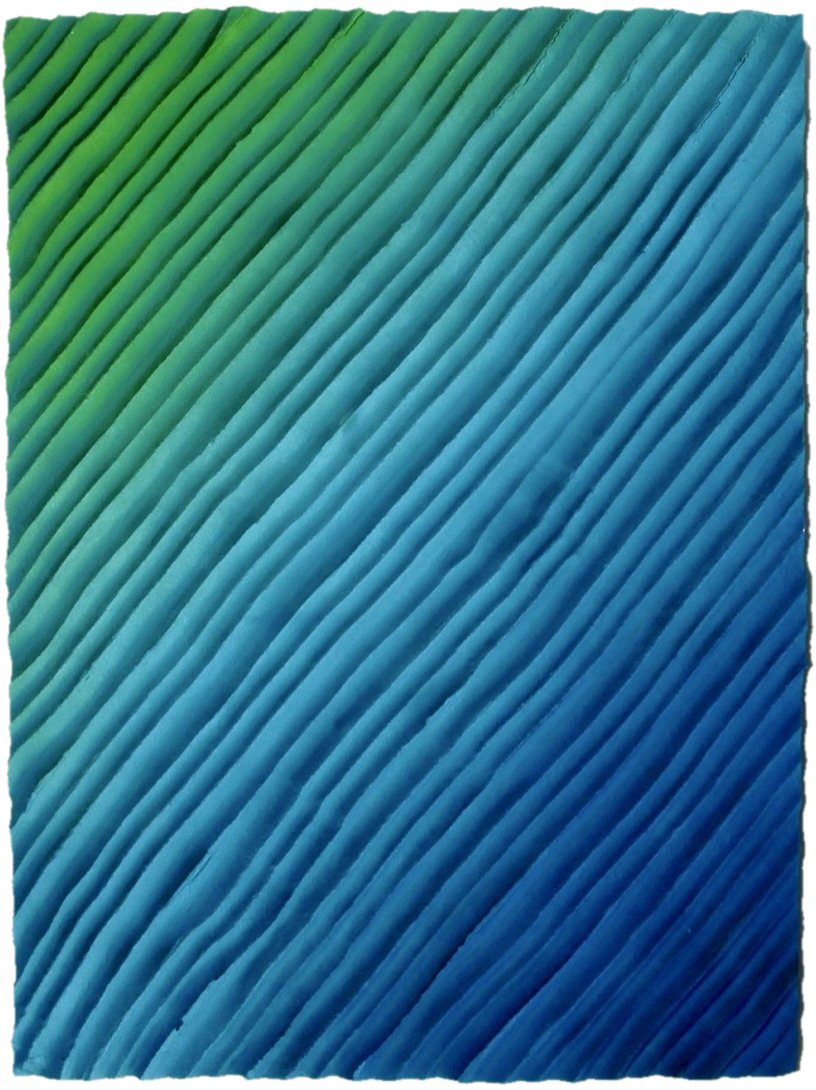 Pelagic, sculptural relief with diagonal ridges in a green-to-deep-blue gradient, cut out along its carved edges