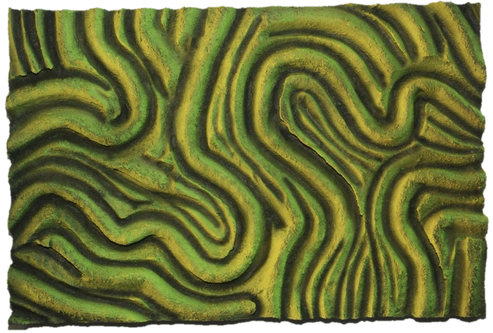 Photosynthesis, sculptural relief in chartreuse green with rows twisting toward the light, cut out along its carved edges