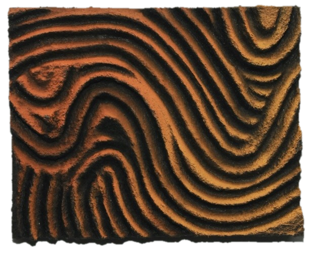 Smolder, sculptural relief in burnt orange over black with tight carved waves like coals under ash, cut out along its carved edges