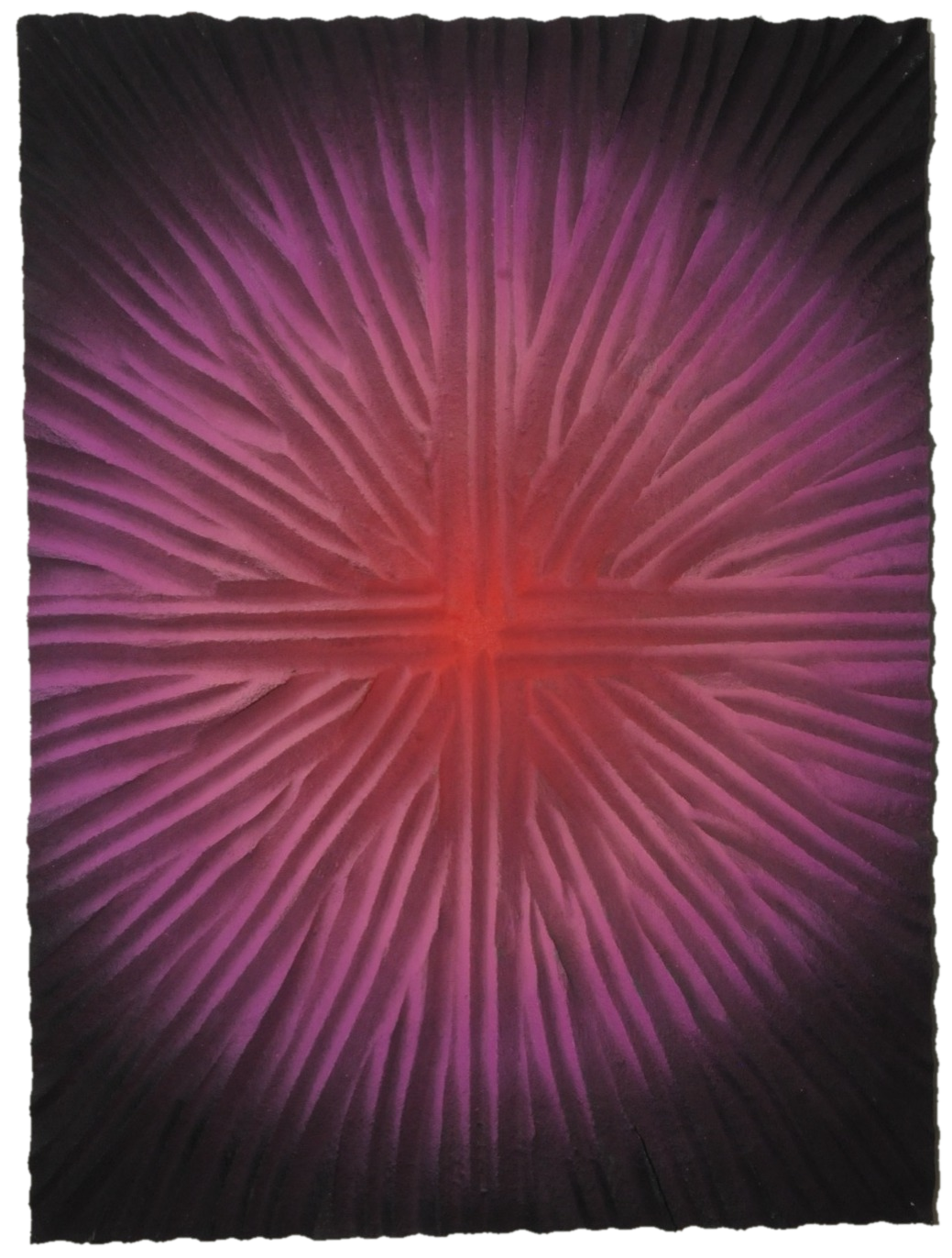 Superbloom, sculptural relief bursting with magenta and pink rays from a red center, cut out along its carved edges