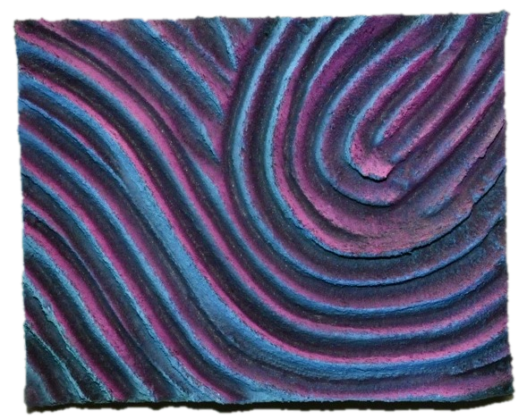 Ultraviolet, sculptural relief swirling violet, magenta, and neon cyan like a glowing night wave, cut out along its carved edges