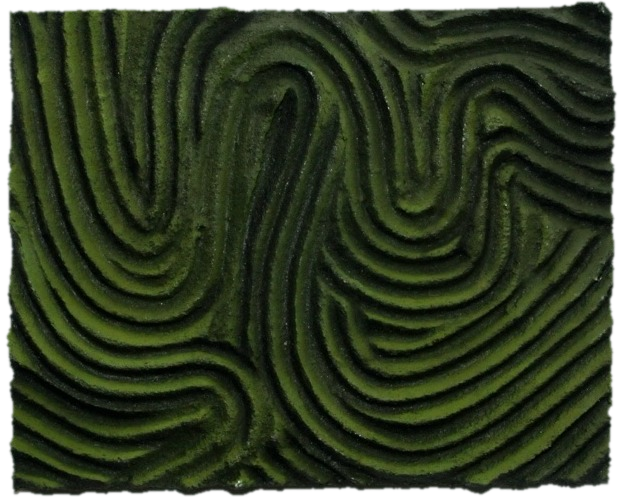 Redwood Understory, sculptural relief in deep greens with ridges like a redwood forest floor, cut out along its carved edges