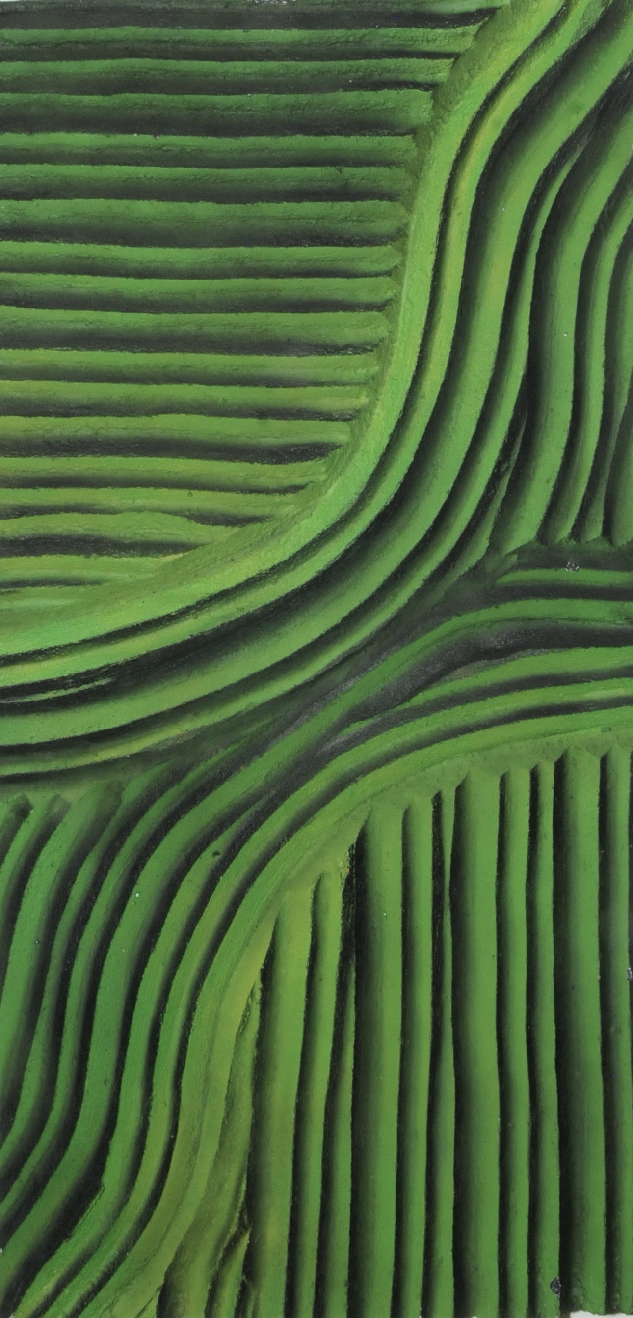 Verdant Awakening, sculptural relief in luminous greens with flowing topographic contours